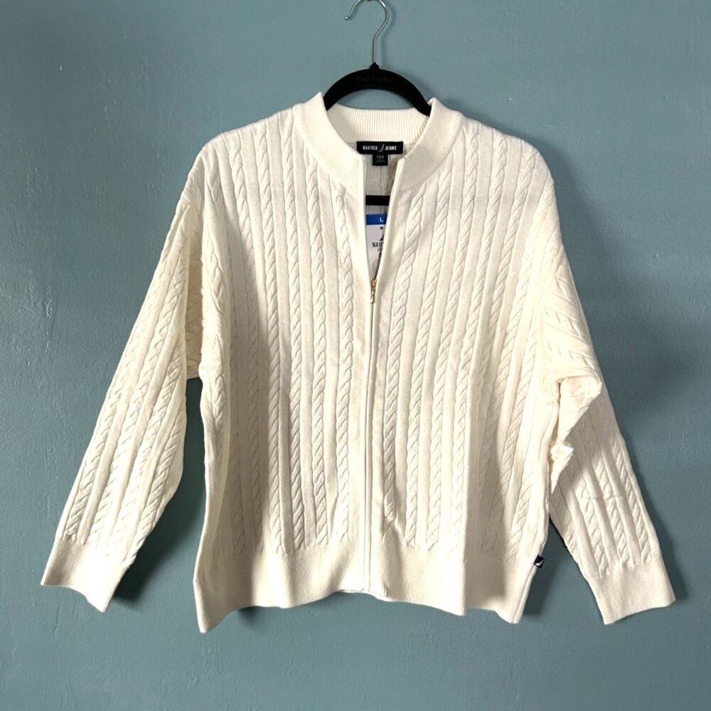 NWT women's Nautica white cable knit full zip sweater size large